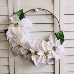 White Silver Poinsettia Flower Leaf Floral Decor Twine Tweed Hoop Wreath
